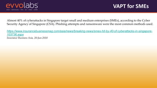 VAPT for SMEs
Almost 40% of cyberattacks in Singapore target small and medium enterprises (SMEs), according to the Cyber
Security Agency of Singapore (CSA). Phishing attempts and ransomware were the most common methods used.
https://www.insurancebusinessmag.com/asia/news/breaking-news/smes-hit-by-40-of-cyberattacks-in-singapore-
103736.aspx
Insurance Business Asia, 20-Jun-2018
 