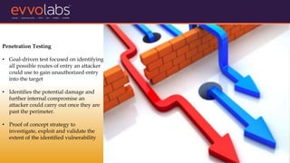Penetration Testing
• Goal-driven test focused on identifying
all possible routes of entry an attacker
could use to gain unauthorized entry
into the target
• Identifies the potential damage and
further internal compromise an
attacker could carry out once they are
past the perimeter.
• Proof of concept strategy to
investigate, exploit and validate the
extent of the identified vulnerability
 
