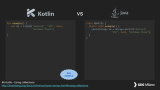 fun example() {
val os = listOf("Android", "iOS", null,
"Windows Phone")
}
class MyUtils {
static void example() {
List<String> os = Arrays.asList("Android",
"iOS", null, "Windows Phone");
}
}
#6 Kotlin - Using collections
http://kotlinlang.org/docs/reference/basic-syntax.html#using-collections
vs
NEW
EXAMPLE
 