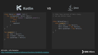 class Hero(val power: Int) {
fun vs(opponent: Hero): Hero {
return if (power > opponent.power) {
this
} else {
opponent
}
}
}
fun example() {
val thor = Hero(7)
val ironman = Hero(8)
val spiderman = Hero(4)
}
// Skip Java version of Hero class,
// we use Kotlin class
class MyJavaClass {
void example() {
Hero thor = new Hero(7);
Hero ironman = new Hero(8);
Hero spiderman = new Hero(4);
}
}
#8 Kotlin - Infix Notation
http://kotlinlang.org/docs/reference/functions.html#infix-notation
vs
 
