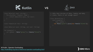 class Male(val eyes: String) {
fun plus(her: Female): Baby {
return Baby(this.eyes, her.hair)
}
}
class Female(val hair: String)
class Baby(val eyes: String, val hair: String)
fun example() {
val myBaby = Male("green") + Female("blond")
}
// Skip Java version of Male, Female and Baby
// class, there is not enough space!
class MyJavaClass {
void example() {
Baby myBaby =
new Male("green").plus(new Female("blond"));
}
}
#9 Kotlin - Operator Overloading
http://kotlinlang.org/docs/reference/operator-overloading.html
vs
 