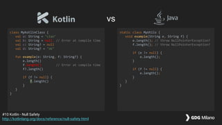 class MyKotlinClass {
val a: String = "ciao"
val b: String = null // Error at compile time
val c: String? = null
val d: String? = "ok"
fun example(e: String, f: String?) {
e.length()
f.length() // Error at compile time
f?.length()
if (f != null) {
f.length()
}
}
}
static class MyUtils {
void example(String e, String f) {
e.length(); // throw NullPointerException?
f.length(); // throw NullPointerException?
if (e != null) {
e.length();
}
if (f != null) {
e.length();
}
}
}
#10 Kotlin - Null Safety
http://kotlinlang.org/docs/reference/null-safety.html
vs
 
