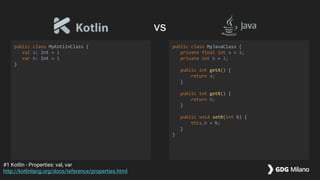public class MyKotlinClass {
val a: Int = 1
var b: Int = 1
}
public class MyJavaClass {
private final int a = 1;
private int b = 1;
public int getA() {
return a;
}
public int getB() {
return b;
}
public void setB(int b) {
this.b = b;
}
}
#1 Kotlin - Properties: val, var
http://kotlinlang.org/docs/reference/properties.html
vs
 
