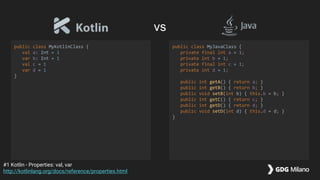public class MyKotlinClass {
val a: Int = 1
var b: Int = 1
val c = 1
var d = 1
}
public class MyJavaClass {
private final int a = 1;
private int b = 1;
private final int c = 1;
private int d = 1;
public int getA() { return a; }
public int getB() { return b; }
public void setB(int b) { this.b = b; }
public int getC() { return c; }
public int getD() { return d; }
public void setD(int d) { this.d = d; }
}
#1 Kotlin - Properties: val, var
http://kotlinlang.org/docs/reference/properties.html
vs
 
