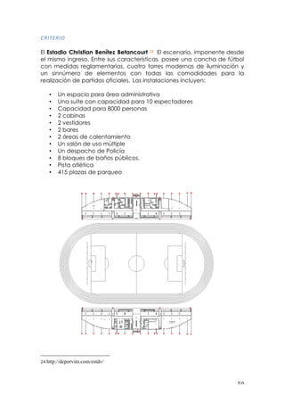! &+!
05"./5"6!
El Estadio Christian Benítez Betancourt 24 El escenario, imponente desde
el mismo ingreso. Entre sus características, posee una cancha de fútbol
con medidas reglamentarias, cuatro torres modernas de iluminación y
un sinnúmero de elementos con todas las comodidades para la
realización de partidos oficiales. Las instalaciones incluyen:
• Un espacio para área administrativa
• Una suite con capacidad para 10 espectadores
• Capacidad para 8000 personas
• 2 cabinas
• 2 vestidores
• 2 bares
• 2 áreas de calentamiento
• Un salón de uso múltiple
• Un despacho de Policía
• 8 bloques de baños públicos.
• Pista atlética
• 415 plazas de parqueo
!!!!!!!!!!!!!!!!!!!!!!!!!!!!!!!!!!!!!!!!!!!!!!!!!!!!!!!!
24 http://deporvito.com/estdv/
!
 