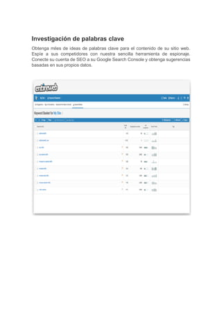 Investigación de palabras clave
Obtenga miles de ideas de palabras clave para el contenido de su sitio web.
Espíe a sus competidores con nuestra sencilla herramienta de espionaje.
Conecte su cuenta de SEO a su Google Search Console y obtenga sugerencias
basadas en sus propios datos.
 