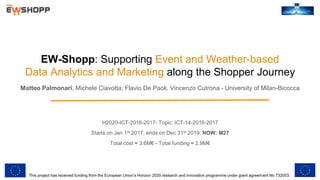 EW-Shopp: Supporting Event and Weather-based
Data Analytics and Marketing along the Shopper Journey
Matteo Palmonari, Michele Ciavotta, Flavio De Paoli, Vincenzo Cutrona - University of Milan-Bicocca
This project has received funding from the European Union’s Horizon 2020 research and innovation programme under grant agreement No 732003.
H2020-ICT-2016-2017- Topic: ICT-14-2016-2017
Starts on Jan 1st 2017, ends on Dec 31st 2019; NOW: M27
Total cost ≈ 3.6M€ - Total funding ≈ 2.9M€
 