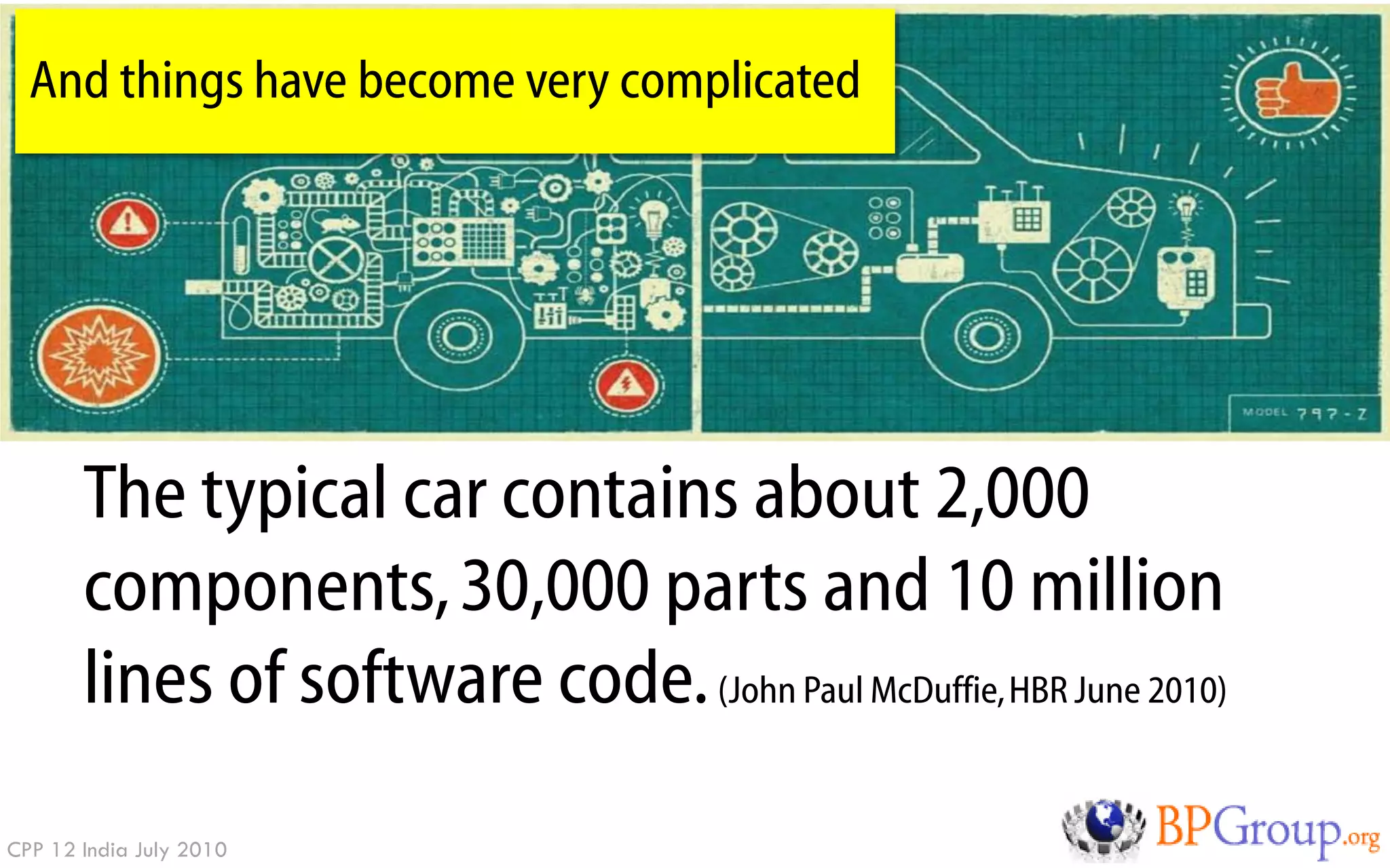 And things have become very complicated




       The typical car contains about 2,000
       components, 30,000 parts and 10 million
       lines of software code. (John Paul McDuffie, HBR June 2010)
CPP 12 India July 2010
 