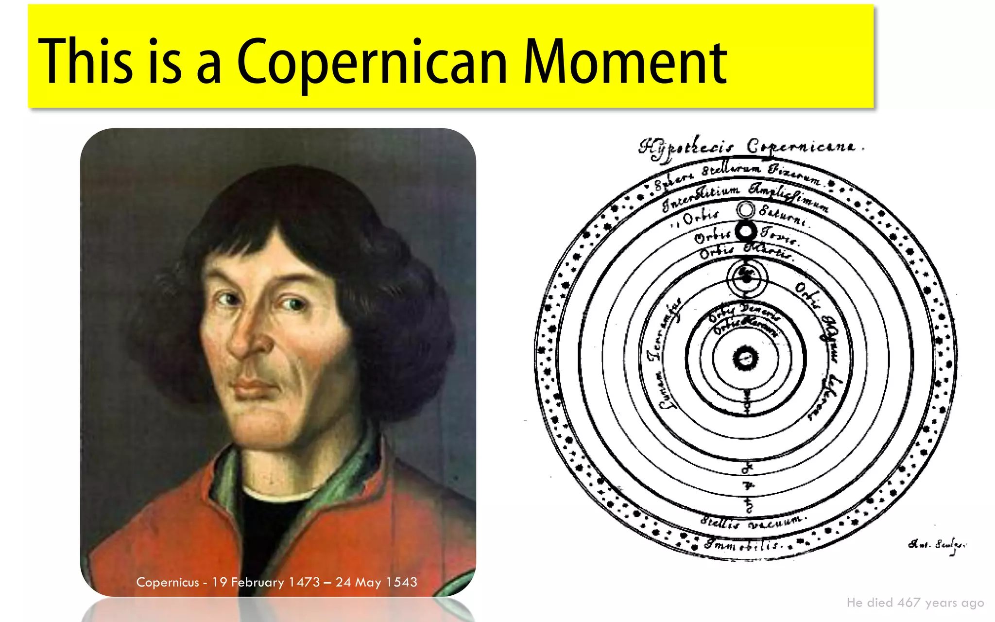 This is a Copernican Moment




   Copernicus - 19 February 1473 – 24 May 1543
                                                 He died 467 years ago
 