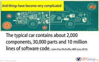 And things have become very complicated




       The typical car contains about 2,000
       components, 30,000 parts and 10 million
       lines of software code. (John Paul McDuffie, HBR June 2010)
CPP 12 India July 2010
 