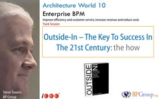 Architecture World 10
               Enterprise BPM
               Improve efficiency and customer service, increase revenue and reduce costs
               Track Session



               Outside-In – The Key To Success In
                  The 21st Century: the how



Steve Towers
BP Group
 