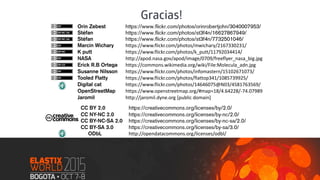 CC BY 2.0
CC NY-NC 2.0
CC BY-NC-SA 2.0
CC BY-SA 3.0
ODbL http://opendatacommons.org/licenses/odbl/
Orin Zebest
Stéfan
Stéfan
Marcin Wichary https://www.flickr.com/photos/mwichary/2167330231/
K putt https://www.flickr.com/photos/k_putt/11792034414/
NASA http://apod.nasa.gov/apod/image/0709/freeflyer_nasa_big.jpg
Erick R.B Ortega https://commons.wikimedia.org/wiki/File:Molecula_adn.jpg
Susanne Nilsson https://www.flickr.com/photos/infomastern/15102671073/
Tooled Flatty https://www.flickr.com/photos/flattop341/1085739925/
Digital cat https://www.flickr.com/photos/14646075@N03/4581763569/
OpenStreetMap https://www.openstreetmap.org/#map=18/4.64228/-74.07989
Jaromil http://jaromil.dyne.org [public domain]
 