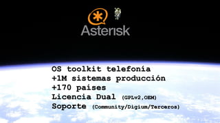 OS toolkit telefonía
+1M sistemas producción
+170 países
Licencia Dual (GPLv2,OEM)
Soporte (Community/Digium/Terceros)
 