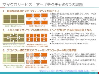 マイクロサービス・アーキテクチャの3つの課題
259
機能間で通信は発生しない 機能間で通信が行われる
全体をひとつのチームで行うので
人の入替えやノウハウ共有が容易
各機能個別に組織が分かれるの
人の入替えやノウハウ共有が困難
過剰分割の影響は内部に留まる
一貫したユーザー体験を提供
過剰分割はパフォーマンスを劣化
機能別に異なるユーザー体験のリスク
１．機能間の通信によりパフォーマンスが出にくい
２．人の入れ替えやノウハウの共有が難しく”人”や”知見” の活用効率が低くなる
３．プログラム構造次第でパフォーマンスやユーサー体験に悪影響
 通信により組み合わせるという仕組みから、パフォーマンス
を出しにくい。
 性能向上のため各機能間は非同期通信とし、機能をまたがっ
たトランザクション保証はしないため、正常終了した後に後
続処理がエラーとなることも想定した設計が必要。
 個人ユーザー向けの決済処理のような再試行が難しい業務の
場合は、実装が難しい。
 マイクロサービスを適用したアプリケーションを作るには、
個々の機能と同じように独立し完結した組織でなければなら
ないが、それができる保証はない。
 チームごとに独自文化が形成されチーム間でスキルの共用が
難しい。
 文化の違いから人的ローテーションも難しくなる。
 マイクロサービスの利点を生かすには、機能の境界を適切に
設定することが必須となるが、分ける範囲を誤れば機能間の
通信が大量に発生する。
 分けるべきであった機能を一つにしてしまえば保守性や再利
用性などのメリットが満たせない。
 独自性がすぎるとユーザー体験がちぐはぐになってしまう。
「これなら分かる！ マイクロサービス（入門編）〜モノリスと比較した特徴、利点と課題（CodeZin）」を参考に作成
 