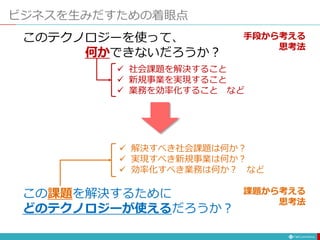 ビジネスを生みだすための着眼点
このテクノロジーを使って、
何かできないだろうか？
 社会課題を解決すること
 新規事業を実現すること
 業務を効率化すること など
この課題を解決するために
どのテクノロジーが使えるだろうか？
 解決すべき社会課題は何か？
 実現すべき新規事業は何か？
 効率化すべき業務は何か？ など
手段から考える
思考法
課題から考える
思考法
 