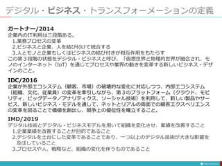 デジタル・ビジネス・トランスフォーメーションの定義
IDC/2016
企業が外部エコシステム（顧客、市場）の破壊的な変化に対応しつつ、内部エコシステム
（組織、文化、従業員）の変革を牽引しながら、第３のプラットフォーム（クラウド、モビ
リティ、ビッグデータ／アナリティクス、ソーシャル技術）を利用して、新しい製品やサー
ビス、新しいビジネス・モデルを通して、ネットとリアルの両面での顧客エクスペリエンス
の変革を図ることで価値を創出し、競争上の優位性を確立すること。
ガートナー/2014
企業内のIT利用は三段階ある。
1.業務プロセスの変革
2.ビジネスと企業、人を結び付けて統合する
3.人とモノと企業もしくはビジネスの結び付きが相互作用をもたらす
この第３段階の状態をデジタル・ビジネスと呼び、「仮想世界と物理的世界が融合され、モ
ノのインターネット（IoT）を通じてプロセスや業界の動きを変革する新しいビジネス・デザ
インのこと。
IMD/2019
デジタル技術とデジタル・ビジネスモデルを用いて組織を変化させ、業績を改善すること
1.企業業績を改善することが目的であること
2.デジタルを土台にした変革であることであり、一つ以上のデジタル技術が大きな影響を
及ぼしていること
3.プロセスや人、戦略など、組織の変化を伴うものであること
 