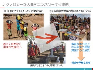 テクノロジーが人間をエンパワーする事例
丸１日掛けて水くみをしなくてはならない
井戸ができて水くみが不要になった
水くみの時間が学校の時間に置き換えられる
教育水準の向上
社会経済の発展
貧困からの解放
社会の平和と安定
近くに水がなく
生活ができない
 