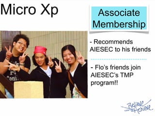 Associate
Membership
- Recommends
AIESEC to his friends
Micro Xp
- Flo’s friends join
AIESEC’s TMP
program!!
 