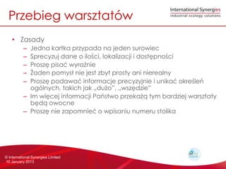 Przebieg warsztatw
    ? Zasady
          C Jedna kartka przypada na jeden surowiec
          C Sprecyzuj dane o ilo?ci, lokalizacji i dost?pno?ci
          C Prosz? pisa? wyra?nie
          C ?aden pomys? nie jest zbyt prosty ani nierealny
          C Prosz? podawa? informacje precyzyjnie i unika? okre?le
            oglnych, takich jak ?du?o, ?wsz?dzie
          C Im wi?cej informacji Pastwo przeka?? tym bardziej warsztaty
            b?d? owocne
          C Prosz? nie zapomnie? o wpisaniu numeru stolika




? International Synergies Limited
10 January 2013
 