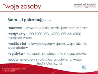 Twoje zasoby

       Mam i potrzebuj?

       ?surowce C drewno, plastik, resztki jedzenia, metale
       ?certyfikaty C ISO 9000, ISO 14000, OSHAS 18001,
       najlepsze wzory
       ?mo?liwo?ci C niewykorzystany sprz?t, wyposa?enie
       laboratoriw
       ?logistyka C transport, powierzchnia magazynowa
       ?woda i energia C straty ciep?a, odwierty, woda
                          technologiczna
? International Synergies Limited
10 January 2013
 