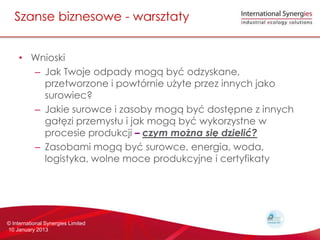 Szanse biznesowe - warsztaty


    ? Wnioski
      C Jak Twoje odpady mog? by? odzyskane,
        przetworzone i powtrnie u?yte przez innych jako
        surowiec?
      C Jakie surowce i zasoby mog? by? dost?pne z innych
        ga??zi przemys?u i jak mog? by? wykorzystne w
        procesie produkcji C czym mo?na si? dzieli??
      C Zasobami mog? by? surowce, energia, woda,
        logistyka, wolne moce produkcyjne i certyfikaty




? International Synergies Limited
10 January 2013
 