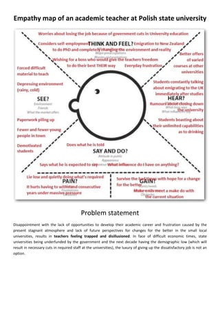 Empathy map of an academic teacher at Polish state university
Problem statement
Disappointment with the lack of opportunities to develop their academic career and frustration caused by the
present stagnant atmosphere and lack of future perspectives for changes for the better in the small local
universities, results in teachers feeling trapped and disillusioned. In face of difficult economic times, state
universities being underfunded by the government and the next decade having the demographic low (which will
result in necessary cuts in required staff at the universities), the luxury of giving up the dissatisfactory job is not an
option.
 