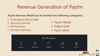 Revenue Generation of Paytm
 Paytm Wallet
 Digital Gold
 Paytm Bank
Paytm Revenue Model can be divided into following categories:
 Marketplace (Paytm Mall)
 Recharge Services
 Bill Payments
 Payment Solutions
 