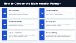 How to Choose the Right eWallet Partner
01
Domain Expertise
Look for companies with proven fintech and payments
experience, not just general app developers.
02
Security Track Record
Verify PCI-DSS compliance certifications and ask about past
security audits and penetration testing.
03
Portfolio & Case Studies
Review live wallet products they have delivered. Request
client references to verify quality.
04
Technology Stack
Ensure they use modern, scalable technologies aligned with
your long-term product roadmap.
05
Support & Maintenance
Post-launch support is critical. Confirm SLA terms, response
times, and ongoing maintenance policies.
06
Transparent Pricing
Demand a detailed cost breakdown. Beware of hidden fees
and always have a fixed or capped budget agreement.
 