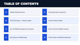 TABLE OF CONTENTS
01 eWallet Market Overview
02 #1 Dev Technosys — Industry Leader
03 Top 10 eWallet Development Companies
04 Key Features of eWallet Apps
05 Technology Stack Comparison
06 Cost & Timeline Analysis
07 How to Choose the Right Company
08 Future Trends in eWallet Development
 