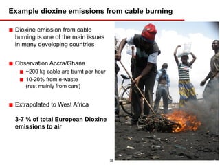 Example dioxine emissions from cable burning

■ Dioxine emission from cable
  burning is one of the main issues
  in many developing countries


■ Observation Accra/Ghana
   ■ ~200 kg cable are burnt per hour
   ■ 10-20% from e-waste
      (rest mainly from cars)


■ Extrapolated to West Africa
  3-7 % of total European Dioxine
  emissions to air




                                        38
 