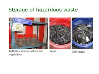 Storage of hazardous waste




batteries, condensators and   tapes   CRT glass
capacitors
 