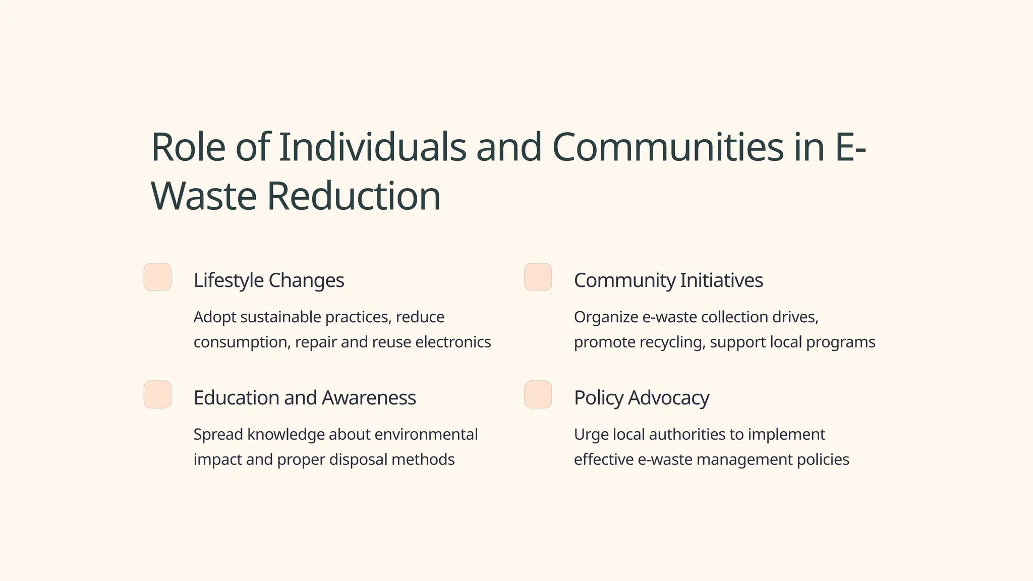 Role of Individuals and Communities in E-
Waste Reduction
Lifestyle Changes
Adopt sustainable practices, reduce
consumption, repair and reuse electronics
Community Initiatives
Organize e-waste collection drives,
promote recycling, support local programs
Education and Awareness
Spread knowledge about environmental
impact and proper disposal methods
Policy Advocacy
Urge local authorities to implement
effective e-waste management policies
 