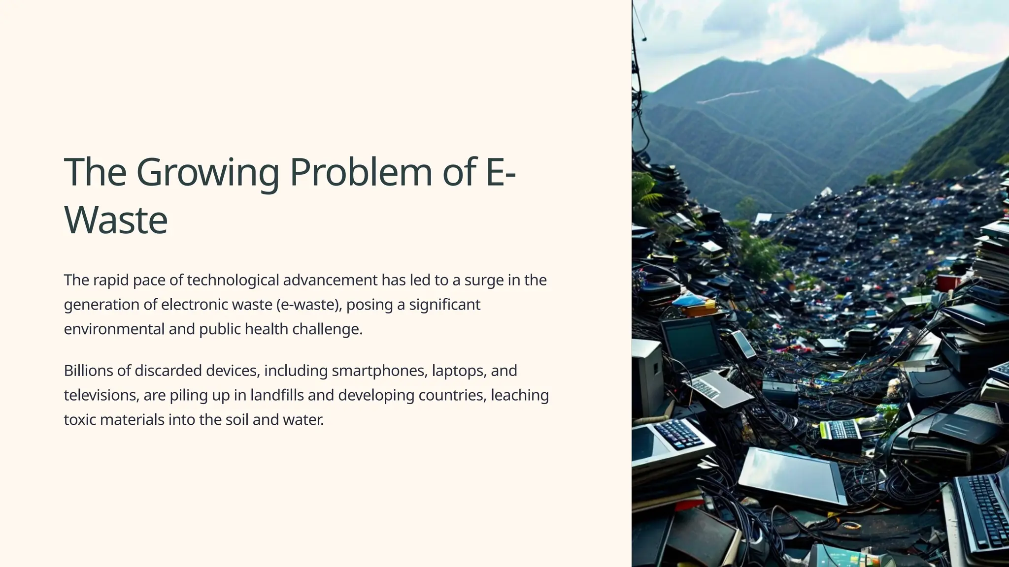 The Growing Problem of E-
Waste
The rapid pace of technological advancement has led to a surge in the
generation of electronic waste (e-waste), posing a significant
environmental and public health challenge.
Billions of discarded devices, including smartphones, laptops, and
televisions, are piling up in landfills and developing countries, leaching
toxic materials into the soil and water.
 