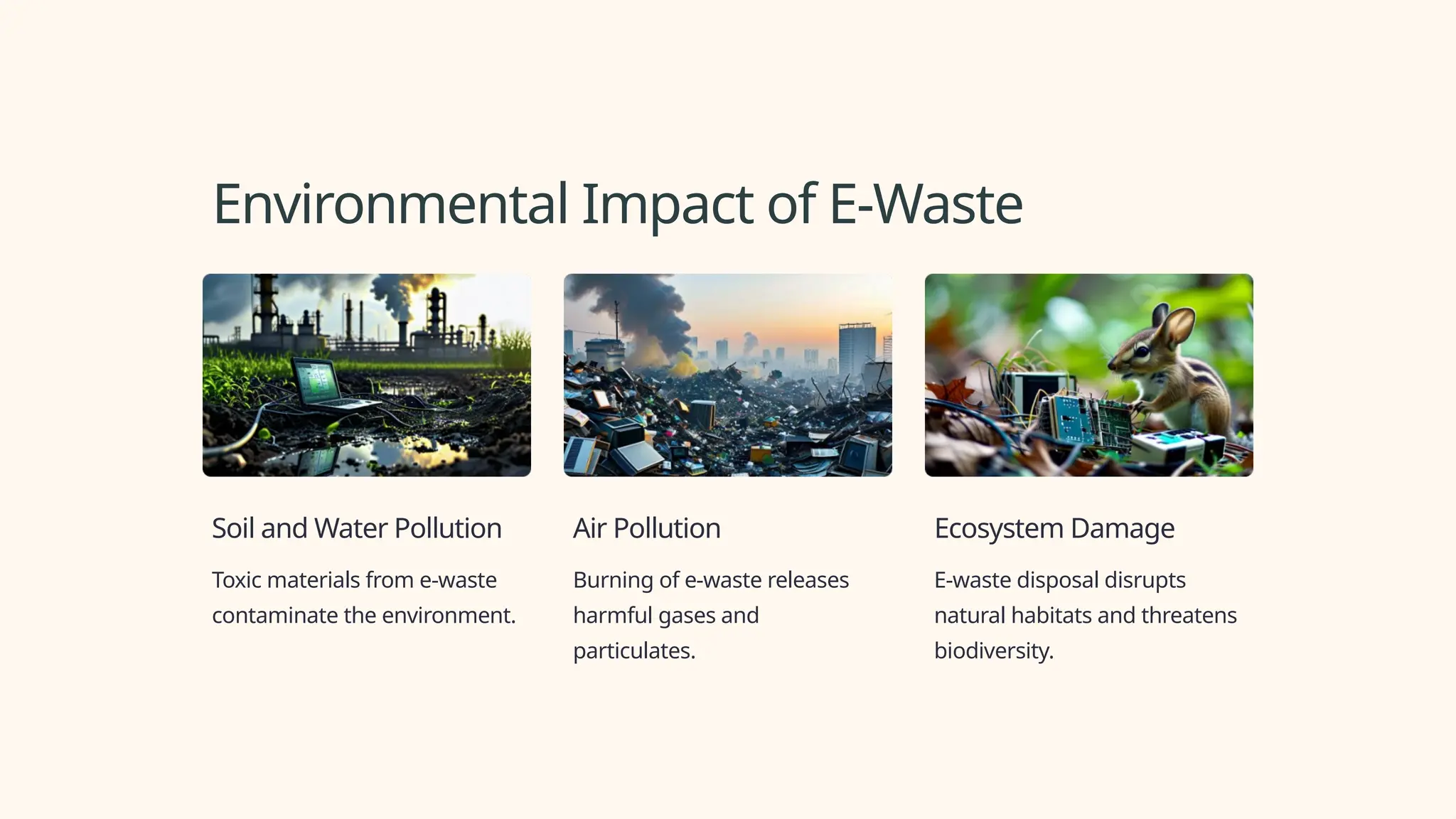 Environmental Impact of E-Waste
Soil and Water Pollution
Toxic materials from e-waste
contaminate the environment.
Air Pollution
Burning of e-waste releases
harmful gases and
particulates.
Ecosystem Damage
E-waste disposal disrupts
natural habitats and threatens
biodiversity.
 