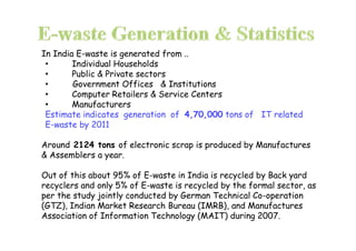 In India E-waste is generated from ..
• Individual Households
• Public & Private sectors
• Government Offices & Institutions
• Computer Retailers & Service Centers
• Manufacturers
Estimate indicates generation of 4,70,000 tons of IT related
E-waste by 2011E-waste by 2011
Around 2124 tons of electronic scrap is produced by Manufactures
& Assemblers a year.
Out of this about 95% of E-waste in India is recycled by Back yard
recyclers and only 5% of E-waste is recycled by the formal sector, as
per the study jointly conducted by German Technical Co-operation
(GTZ), Indian Market Research Bureau (IMRB), and Manufactures
Association of Information Technology (MAIT) during 2007.
 