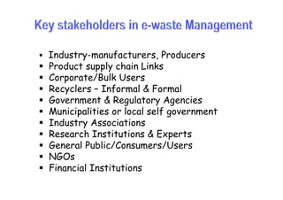  Industry-manufacturers, Producers
 Product supply chain Links
 Corporate/Bulk Users
 Recyclers – Informal & Formal
 Government & Regulatory Agencies Government & Regulatory Agencies
 Municipalities or local self government
 Industry Associations
 Research Institutions & Experts
 General Public/Consumers/Users
 NGOs
 Financial Institutions
 