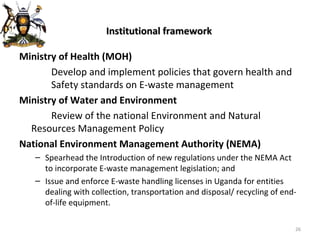 Institutional framework Ministry of Health (MOH) Develop and implement policies that govern health and  Safety standards on E-waste management Ministry of Water and Environment Review of the national Environment and Natural  Resources Management Policy National Environment Management Authority (NEMA) Spearhead the Introduction of new regulations under the NEMA Act to incorporate E-waste management legislation; and Issue and enforce E-waste handling licenses in Uganda for entities dealing with collection, transportation and disposal/ recycling of end-of-life equipment. 