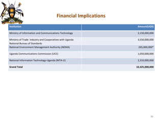 Financial Implications Institution Amount(UGX) Ministry of Information and Communications Technology 3,150,000,000 Ministry of Trade  Industry and Cooperatives with Uganda National Bureau of Standards 3,550,000,000 National Environment Management Authority (NEMA) 265,000,000* Uganda Communications Commission (UCC) 1,050,000,000 National Information Technology-Uganda (NITA-U) 2,310,000,000 Grand Total  10,325,000,000 