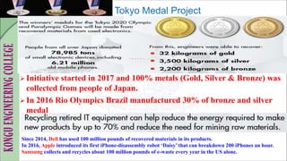 Tokyo Medal Project
 Initiative started in 2017 and 100% metals (Gold, Silver & Bronze) was
collected from people of Japan.
 In 2016 Rio Olympics Brazil manufactured 30% of bronze and silver
medal
Since 2014, Dell has used 100 million pounds of recovered materials in its products.
In 2016, Apple introduced its first iPhone-disassembly robot ‘Daisy’ that can breakdown 200 iPhones an hour.
Samsung collects and recycles about 100 million pounds of e-waste every year in the US alone.
 