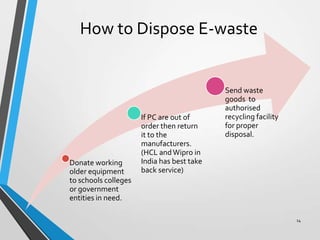 How to Dispose E-waste
Donate working
older equipment
to schools colleges
or government
entities in need.
If PC are out of
order then return
it to the
manufacturers.
(HCL andWipro in
India has best take
back service)
Send waste
goods to
authorised
recycling facility
for proper
disposal.
14
 