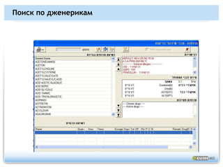 Маккаби: свойства электронного рецепта (eRx)Услуги поставщика:Каталог и информация о лекарственных препаратахОбзор полной информации о пациентеНазначение медикаментовДоступ для пациента (онлайн и через терминал)Каталог и информация о лекарственных препаратахСписок назначенных в прошлом медикаментовАптекиДоступ из различных аптечных программ