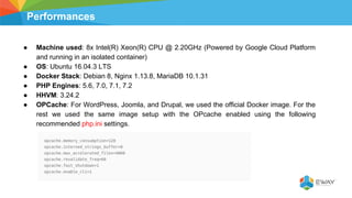 Performances
● Machine used: 8x Intel(R) Xeon(R) CPU @ 2.20GHz (Powered by Google Cloud Platform
and running in an isolated container)
● OS: Ubuntu 16.04.3 LTS
● Docker Stack: Debian 8, Nginx 1.13.8, MariaDB 10.1.31
● PHP Engines: 5.6, 7.0, 7.1, 7.2
● HHVM: 3.24.2
● OPCache: For WordPress, Joomla, and Drupal, we used the official Docker image. For the
rest we used the same image setup with the OPcache enabled using the following
recommended php.ini settings.
 