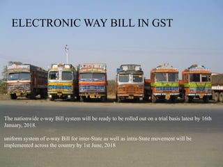 ELECTRONIC WAY BILL IN GST
The nationwide e-way Bill system will be ready to be rolled out on a trial basis latest by 16th
January, 2018.
uniform system of e-way Bill for inter-State as well as intra-State movement will be
implemented across the country by 1st June, 2018
 