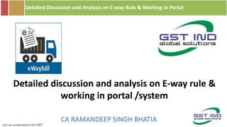 Let us understand the GST
Detailed Discussion and Analysis on E-way Rule & Working in Portal
Detailed discussion and analysis on E-way rule &
working in portal /system
CA RAMANDEEP SINGH BHATIA
 