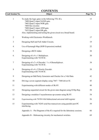 CONTENTS
Lab Session No.                                  Object                                         Page No.

      1           To study the logic gates in the following TTL ICs.                                13
                     7400 Quad 2-input NAND gate.
                     7402 Quad 2-input NOR gate.
                     7404 Hex inverter.
                     7408 Quad 2-input AND gate.
                     7432 Quad 2-input OR gate.
                  Also, implementing and testing the given circuit on a bread board.

      2           Working with Electronics Workbench.                                               17

      3           Designing Half and Full Adder Circuits.                                           19

      4           Use of Karnaugh Map (SOP-Expression) method.                                      22

      5           Designing a BCD Adder.                                                            28

      6           Designing of a 4 x 1 Multiplexer.                                                 30
                  Experimenting with 74150 IC.

      7           Designing of a 2 x 4 Decoder / 1 x 4 Demultiplexer.                               34
                  Experimenting with 74138 IC.

      8           Designing of a 4 x 2 Priority Encoder.                                            38
                  Experimenting with 74148 IC.

      9           Designing an Odd Parity Generator and Checker for a 3-bit Data.                   42

      10          Driving a seven segment display using 7447 / 7448 driver IC.                      45

      11          Experimenting with different modes of JK-FF.                                      48

      12          Designing sequential circuit for the given state diagram using D flip-flop.       50

      13          Designing a modulus-5 asynchronous up-counter using JK-FF.                        54

      14          Experimenting with 74194 4-bit bidirectional universal shift register             56

      15          Experimenting with 74245 octal bus transceivers using parallel port PC            59
                  interfacing.

                  Appendix A – Pin Diagrams of the ICs required for the laboratory sessions.        66

                  Appendix B – Debouncing circuitry for mechanical switches.                        69




                                                      11
 