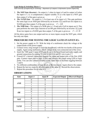 Logic Design & Switching Theory 1                                                       Lab Session 01
NED University of Engineering & Technology – Department of Computer & Information Systems Engineering

3. The NOT Gate (Inverter) – Its output is 1 when its input is 0 and its output is 0 when
   the input is 1; i.e. it complements a digital variable. If A is the input to a NOT gate
   then output, F of the gate is given as:               F=A
4. The NAND Gate – Its output is 1 if at least one of its input is 0. This gate performs
   the same logic as an AND gate followed by an inverter. If A and B are two inputs to a
   NAND gate then output, F of the gate is given as: F = A.B
5. The NOR Gate - The output of a NOR gate is 1 if and only if all its inputs are 0. This
   gate performs the same logic function as an OR gate followed by an inverter. If A and
   B are two inputs to a NAND gate then output, F of the gate is given as: F = A + B
All the above gates have one output and two or more inputs except the NOT gate, which
has only one input.

PROCEDURE FOR TESTING THE LOGIC GATES IN GIVEN ICs
1. Set the power supply to 5V. With the help of a multimeter check the voltage at the
   output knobs of the power supply.
2. Connect wires, long enough to reach the breadboard, with the two knobs of the power
   supply. Again using multimeter, check voltage at the non-connected end of the wires.
3. Insert the 7408 quad 2 input AND gate IC on to the bread board and make supply and
   ground connections by joining 5V wire to pin # 14 and 0V wire to pin # 7.
4. Consult IC’s internal connection diagram for input and output pins of the first AND
   gate. Connect input pins to logic 0 (0V) and observe the output using LED or logic
   probe. You can also connect switches at the input lines to facilitate toggling between
   1 and 0.
5. Try different combinations of logic levels at the two inputs. Again observe the output.
6. Repeat the last two steps for all other gates of the same IC. Record the observations.
7. Repeat this procedure for all other ICs.
OBSERVATIONS
    Gate              Input A              Input B          Expected Output          Observed Output
                          0                    0
                          0                    1
    AND
                          1                    0
                          1                    1
                          0                    0
                          0                    1
     OR
                          1                    0
                          1                    1
                          0                    -
    NOT
                          1                    -
                          0                    0
                          0                    1
   NAND
                          1                    0
                          1                    1



                                                   14
 