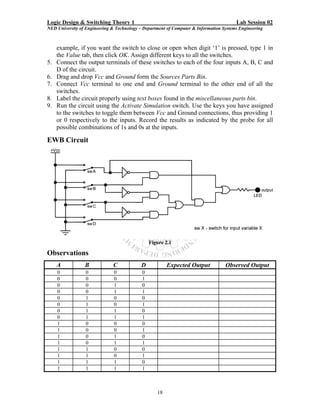 Logic Design & Switching Theory 1                                                       Lab Session 02
NED University of Engineering & Technology – Department of Computer & Information Systems Engineering



     example, if you want the switch to close or open when digit ‘1’ is pressed, type 1 in
     the Value tab, then click OK. Assign different keys to all the switches.
5.   Connect the output terminals of these switches to each of the four inputs A, B, C and
     D of the circuit.
6.   Drag and drop Vcc and Ground form the Sources Parts Bin.
7.   Connect Vcc terminal to one end and Ground terminal to the other end of all the
     switches.
8.   Label the circuit properly using text boxes found in the miscellaneous parts bin.
9.   Run the circuit using the Activate Simulation switch. Use the keys you have assigned
     to the switches to toggle them between Vcc and Ground connections, thus providing 1
     or 0 respectively to the inputs. Record the results as indicated by the probe for all
     possible combinations of 1s and 0s at the inputs.

EWB Circuit




                                                Figure 2.1

Observations
     A           B            C             D           Expected Output            Observed Output
     0            0            0            0
     0            0            0            1
     0            0            1            0
     0            0            1            1
     0            1            0            0
     0            1            0            1
     0            1            1            0
     0            1            1            1
     1            0            0            0
     1            0            0            1
     1            0            1            0
     1            0            1            1
     1            1            0            0
     1            1            0            1
     1            1            1            0
     1            1            1            1



                                                   18
 