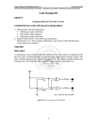 Logic Design & Switching Theory 1                                                       Lab Session 03
NED University of Engineering & Technology – Department of Computer & Information Systems Engineering


                                      Lab Session 03
OBJECT
                            Designing Half and Full Adder Circuits.

COMPONENTS AND APPARATUS REQUIRED
1. Following ICs and their Datasheets:
   • 7408 Quad 2-input AND Gate
   • 7432 Quad 2-input OR Gate
   • 7486 Quad 2-input XOR Gate
2. Digital Trainer DT-01 or the following components:
   Bread board, 5 V - Power Supply, Multimeter, Logic Probe, LEDs with Resistors,
   Connecting wires, Switches

THEORY
Half Adder
A combination circuit that performs the addition of two bits without accounting for the
previous carry is called half adder. It needs two binary inputs and two binary outputs. The
input variables designate the augend and addend bits. The output variables produce the
sum and carry. The simplified sum of product expressions for a half adder are:
                                         S = x. y + x. y = x ⊕ y
                                                C = x. y




                                   Figure 3.1: Circuit diagram for Half Adder




                                                   19
 