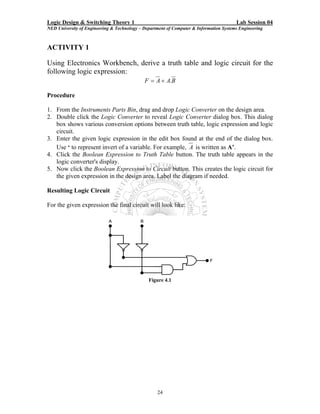 Logic Design & Switching Theory 1                                                       Lab Session 04
NED University of Engineering & Technology – Department of Computer & Information Systems Engineering



ACTIVITY 1

Using Electronics Workbench, derive a truth table and logic circuit for the
following logic expression:
                                             F = A + A.B

Procedure

1. From the Instruments Parts Bin, drag and drop Logic Converter on the design area.
2. Double click the Logic Converter to reveal Logic Converter dialog box. This dialog
   box shows various conversion options between truth table, logic expression and logic
   circuit.
3. Enter the given logic expression in the edit box found at the end of the dialog box.
   Use ‘ to represent invert of a variable. For example, A is written as A’.
4. Click the Boolean Expression to Truth Table button. The truth table appears in the
   logic converter's display.
5. Now click the Boolean Expression to Circuit button. This creates the logic circuit for
   the given expression in the design area. Label the diagram if needed.

Resulting Logic Circuit

For the given expression the final circuit will look like:




                                               Figure 4.1




                                                   24
 