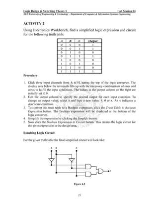Logic Design & Switching Theory 1                                                       Lab Session 04
NED University of Engineering & Technology – Department of Computer & Information Systems Engineering



ACTIVITY 2
Using Electronics Workbench, find a simplified logic expression and circuit
for the following truth table
                                   A       B       C         Output
                                   0       0       0           1
                                   0       0       1           1
                                   0       1       0           0
                                   0       1       1           1
                                   1       0       0           0
                                   1       0       1           0
                                   1       1       0           0
                                   1       1       1           1
Procedure

1. Click three input channels from A to H, across the top of the logic converter. The
   display area below the terminals fills up with the necessary combinations of ones and
   zeros to fulfill the input conditions. The values in the output column on the right are
   initially set to 0.
2. Edit the output column to specify the desired output for each input condition. To
   change an output value, select it and type a new value: 1, 0 or x. An x indicates a
   don’t care condition.
3. To convert this truth table to a Boolean expression, click the Truth Table to Boolean
   Expression button. The Boolean expression will be displayed at the bottom of the
   logic converter.
4. Simplify the expression by clicking the Simplify button.
5. Now click the Boolean Expression to Circuit button. This creates the logic circuit for
   the given expression in the design area.

Resulting Logic Circuit

For the given truth table the final simplified circuit will look like:




                                               Figure 4.2



                                                   25
 
